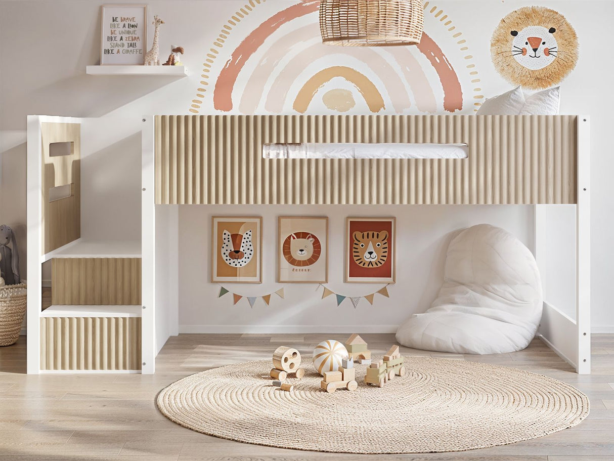 Flair Luca Mid Sleeper with 3 Drawers Chest Pair White & Oak Ribbed