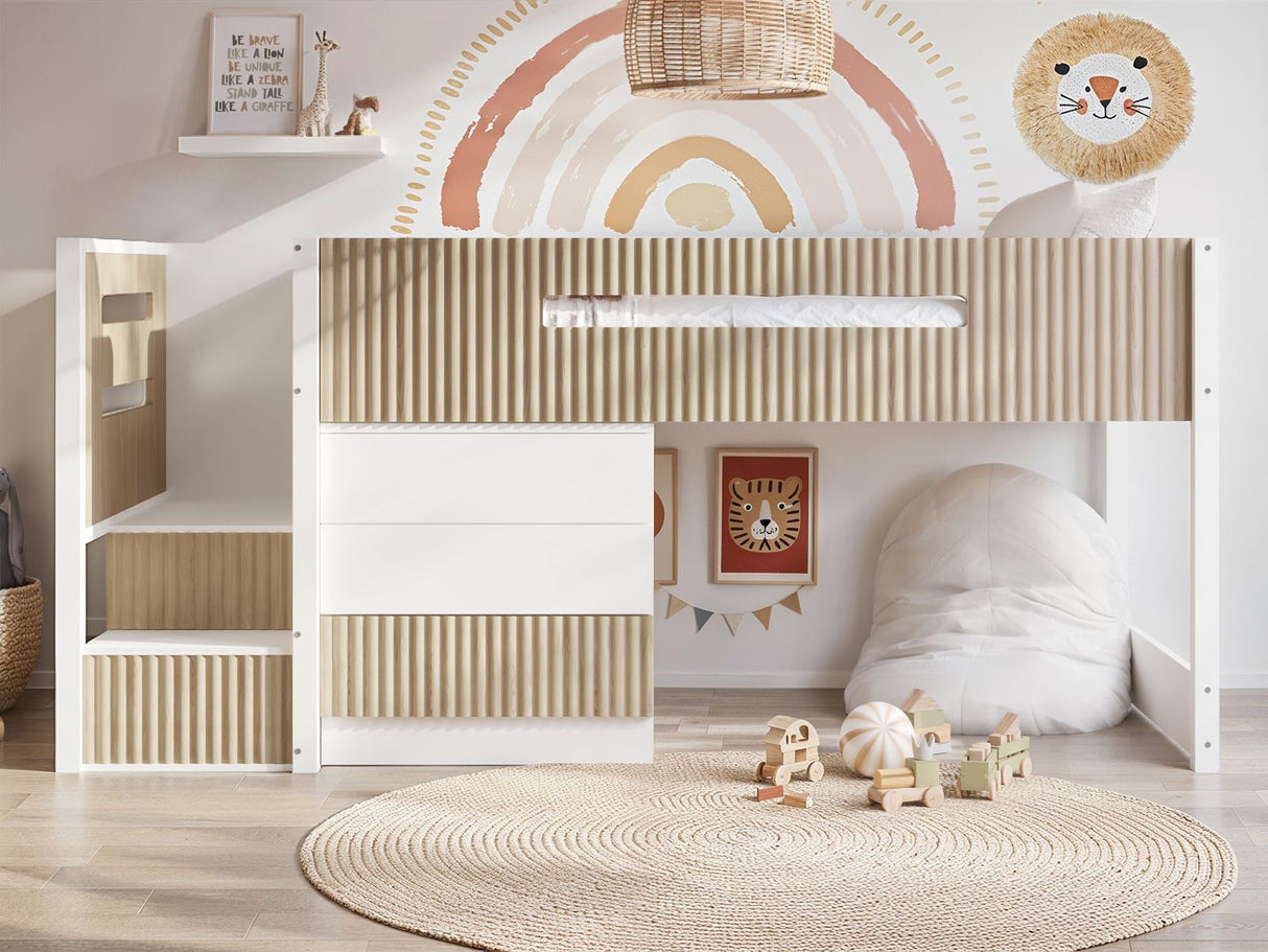 Flair Luca Mid Sleeper with 3 Drawer Chest White & Oak Ribbed