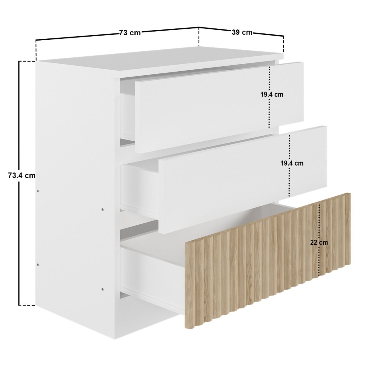 Flair Luca 3 Drawer Chest Ribbed White & Oak