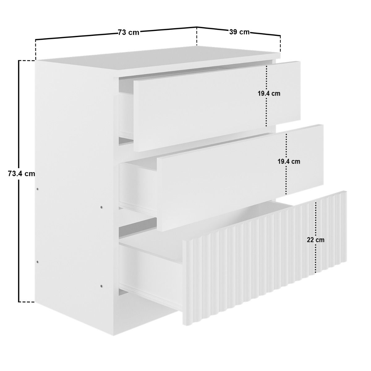 Flair Luca 3 Drawer Chest Ribbed White