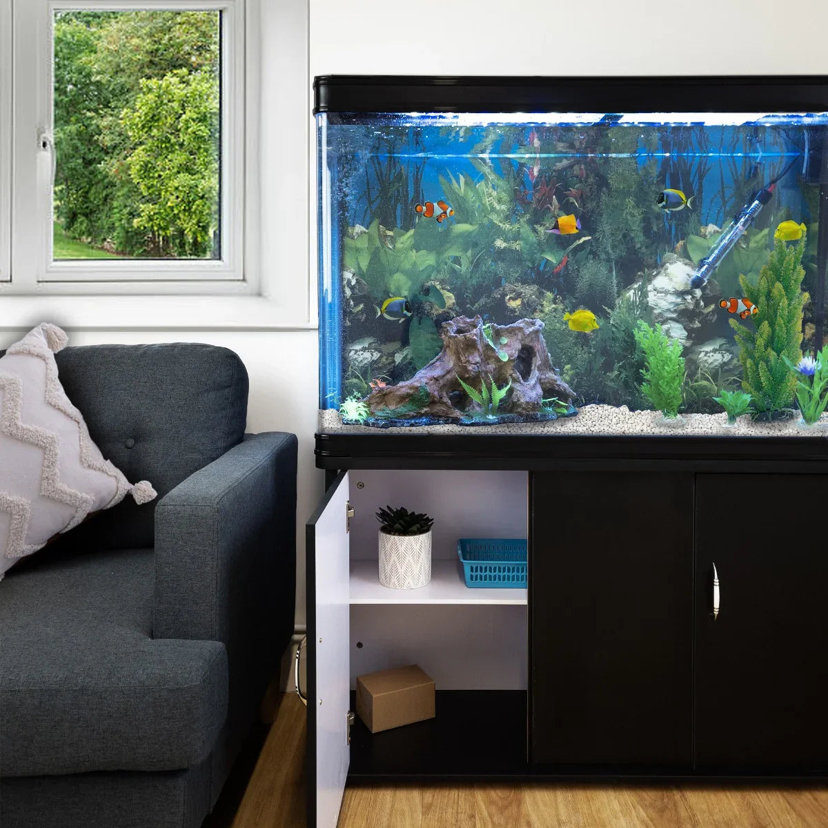 Aquarium Fish Tank & Cabinet with Complete Starter Kit - Black Tank & White Gravel