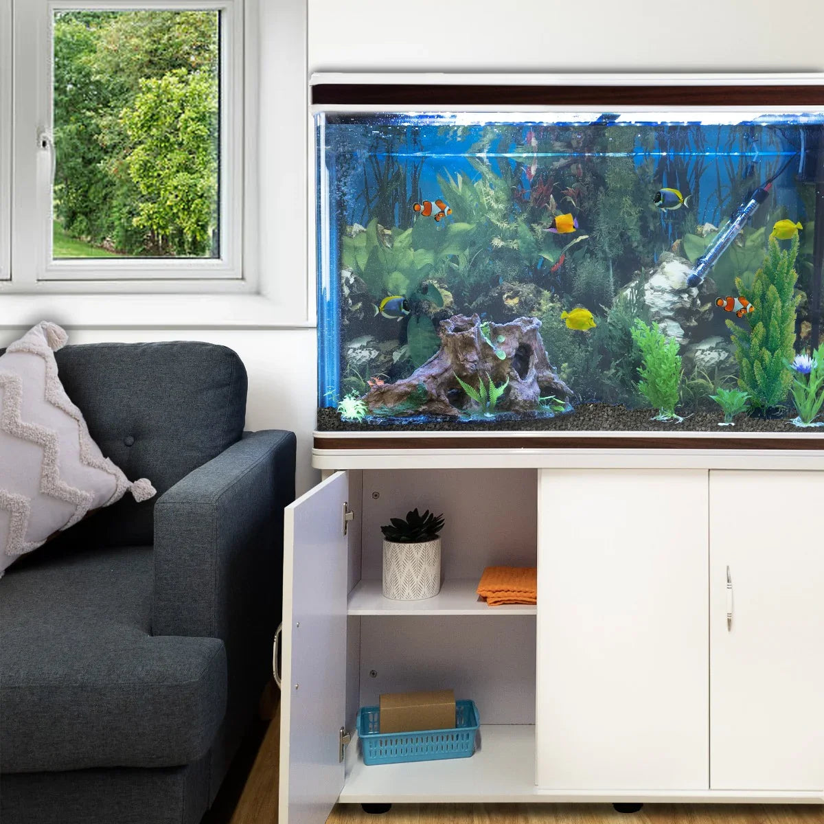 Aquarium Fish Tank & Cabinet with Complete Starter Kit - White Tank & Black Gravel