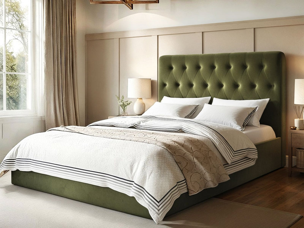 Flair Marley Buttoned Headboard King Size Ottoman Bed Green Velvet