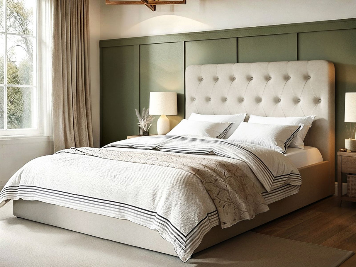 Flair Marley Buttoned Headboard Double Ottoman Bed Beige Linen
