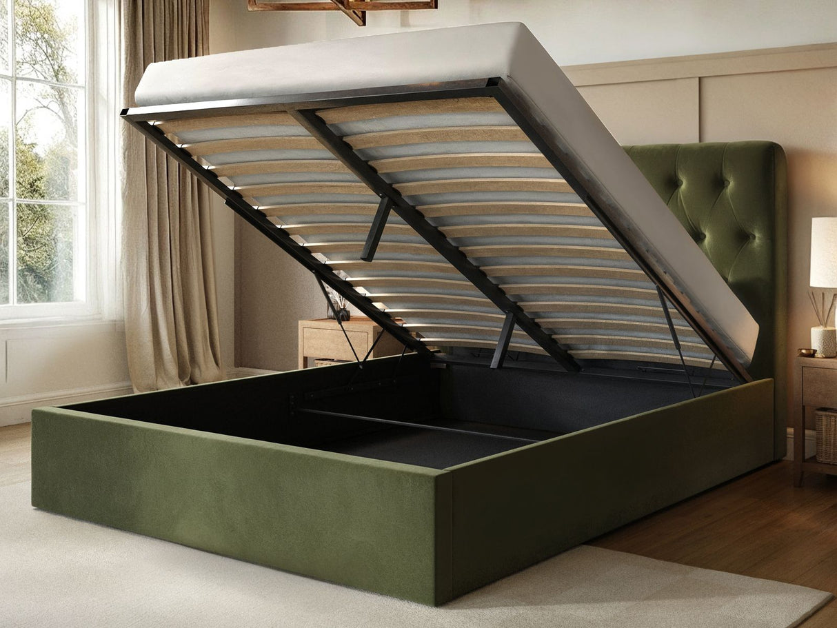 Flair Marley Buttoned Headboard Ottoman Double Bed Green Velvet