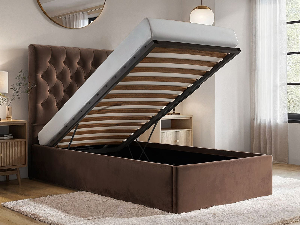 Flair Milan Single Velvet Ottoman Bed-Brown