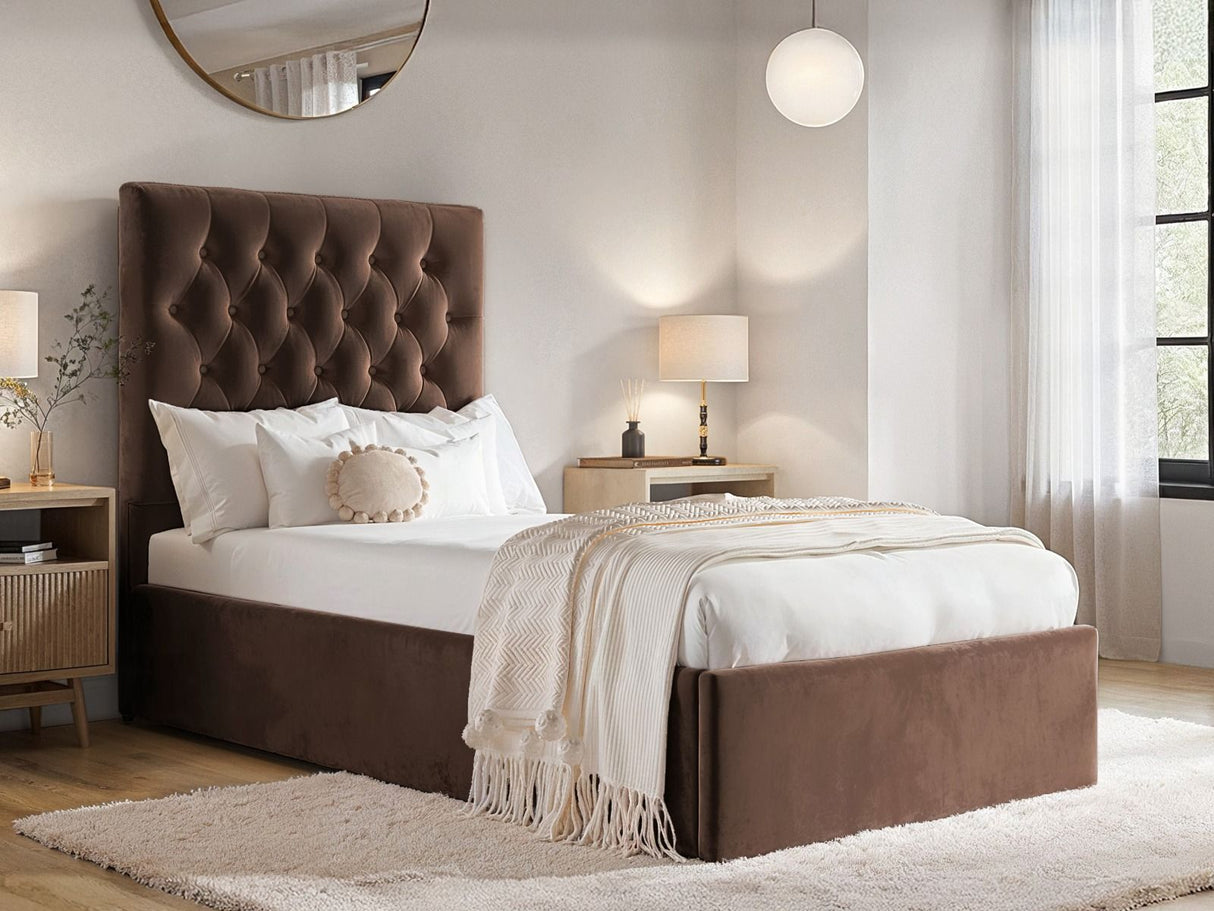 Flair Milan Single Velvet Ottoman Bed-Brown