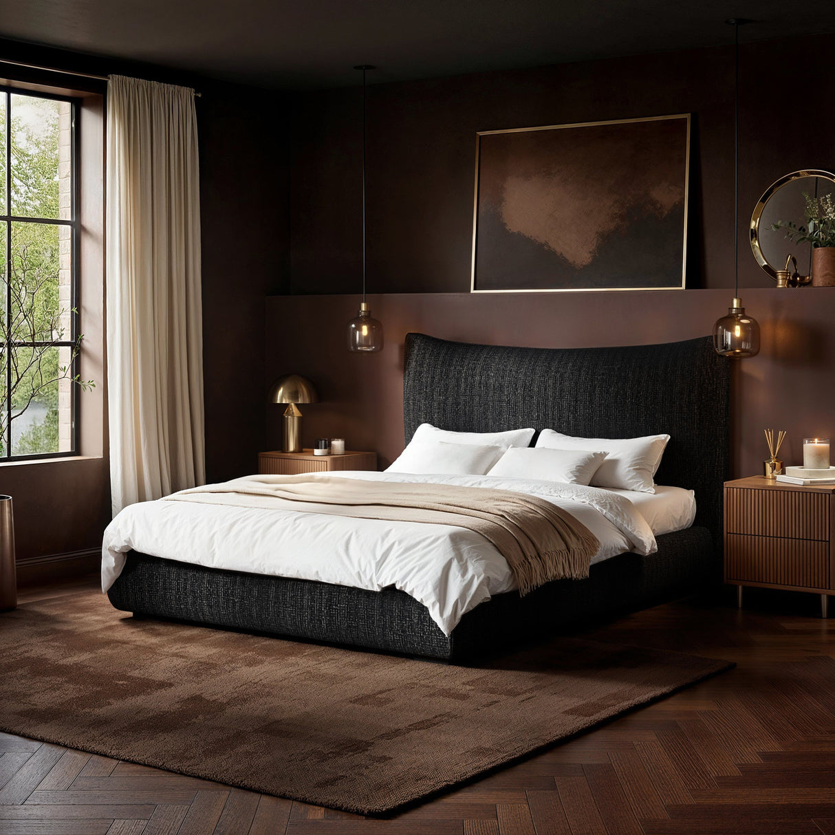 SOLACE+CO Miller Curved Headboard Bed Frame Black Chenille-Kingsize