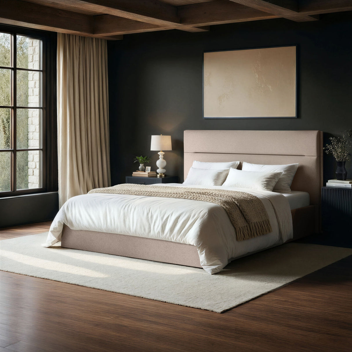 SOLACE+CO Nela Ottoman Bed Woven Fabric Beige Kingsize