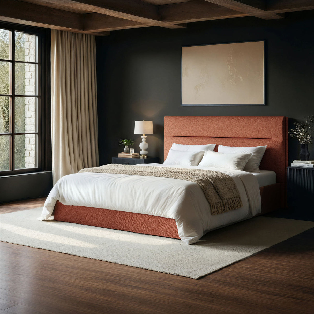 SOLACE+CO Nela Ottoman Bed Woven Fabric Burnt Orange Kingsize