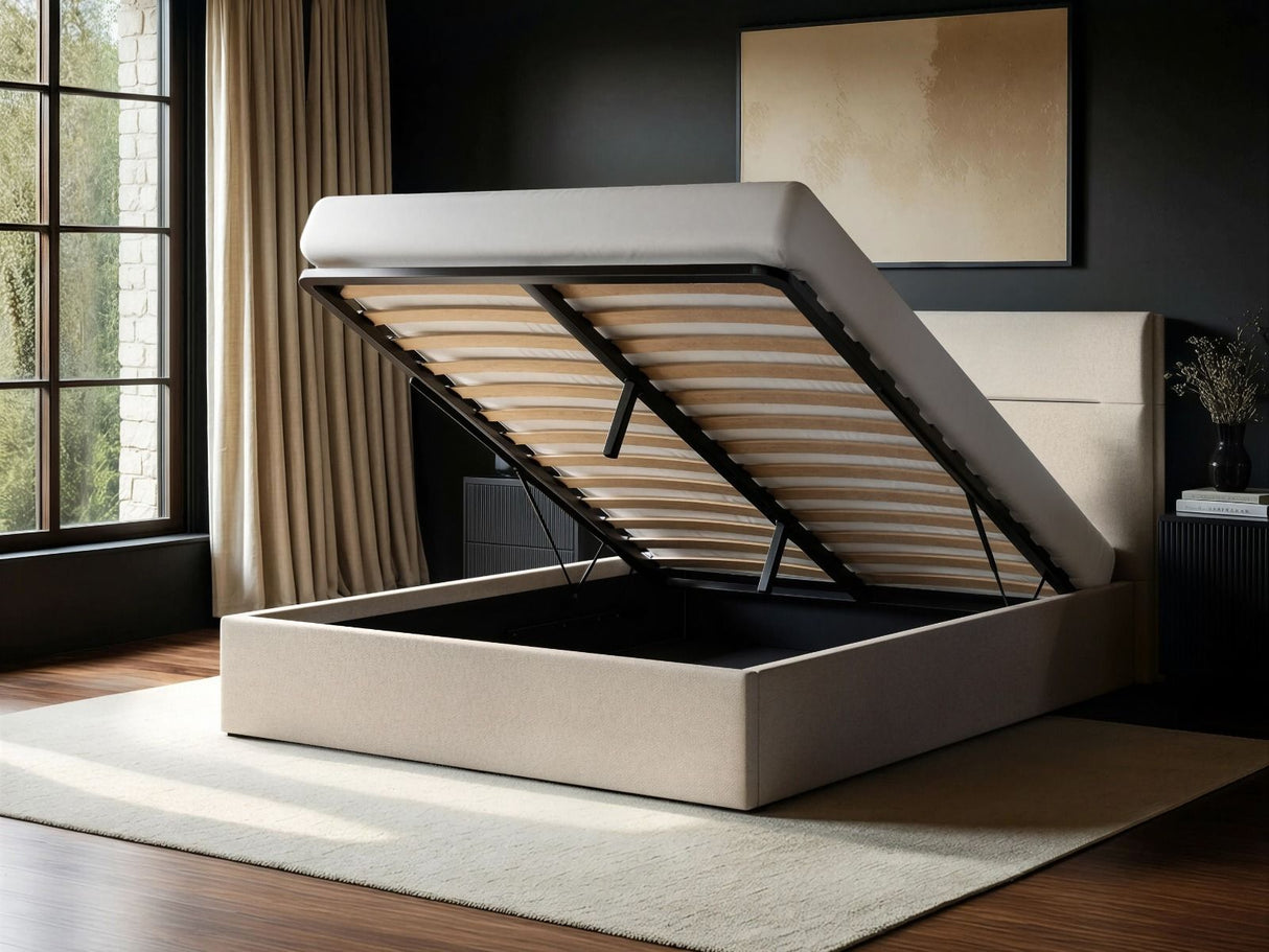 SOLACE+CO Nela Ottoman Bed Woven Fabric Cream Double