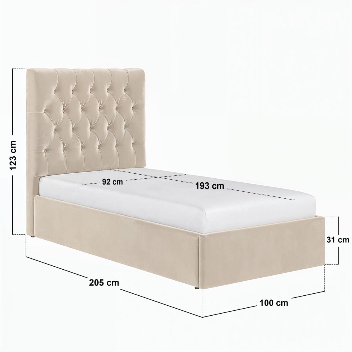 Flair Milan Single Velvet Ottoman Bed-Beige