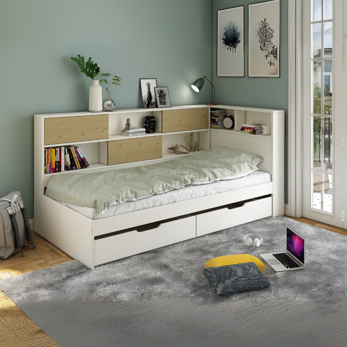 Noomi Jorgi Corner Storage Bed White & Oak (FSC-Certified)