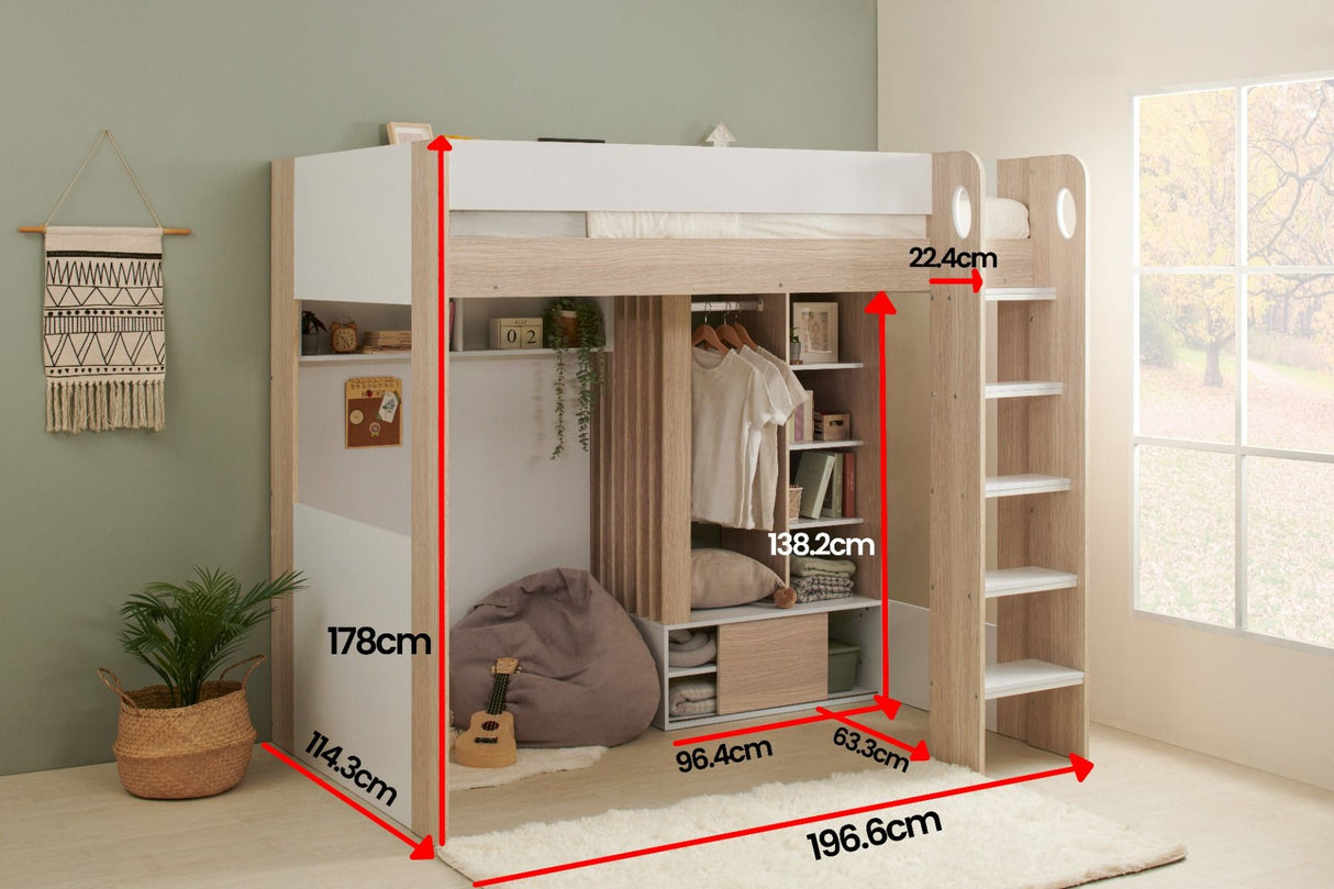 Flair Hampton High Sleeper with Wardrobe White & Oak