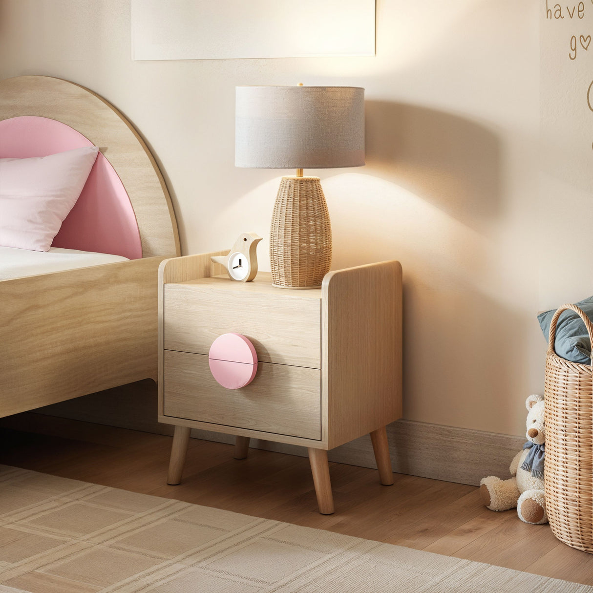 Flair Noah 2 Drawer Bedside Table -Oak & Pink