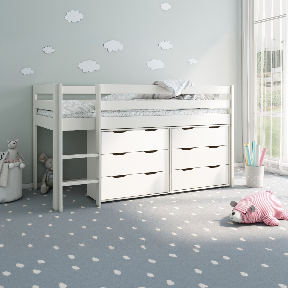 Noomi Nora Solid Wood Mid Sleeper 6 Drawer Set White (FSC-Certified)