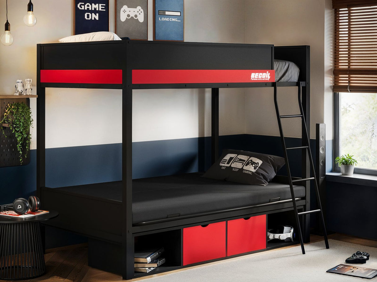 Recoil Nova Gaming Metal Bunk Bed with Futon Black & Red