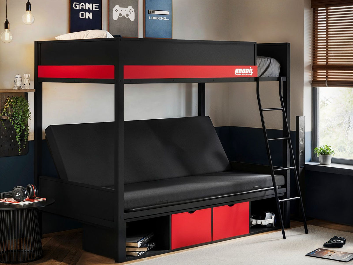 Recoil Nova Gaming Metal Bunk Bed with Futon Black & Red