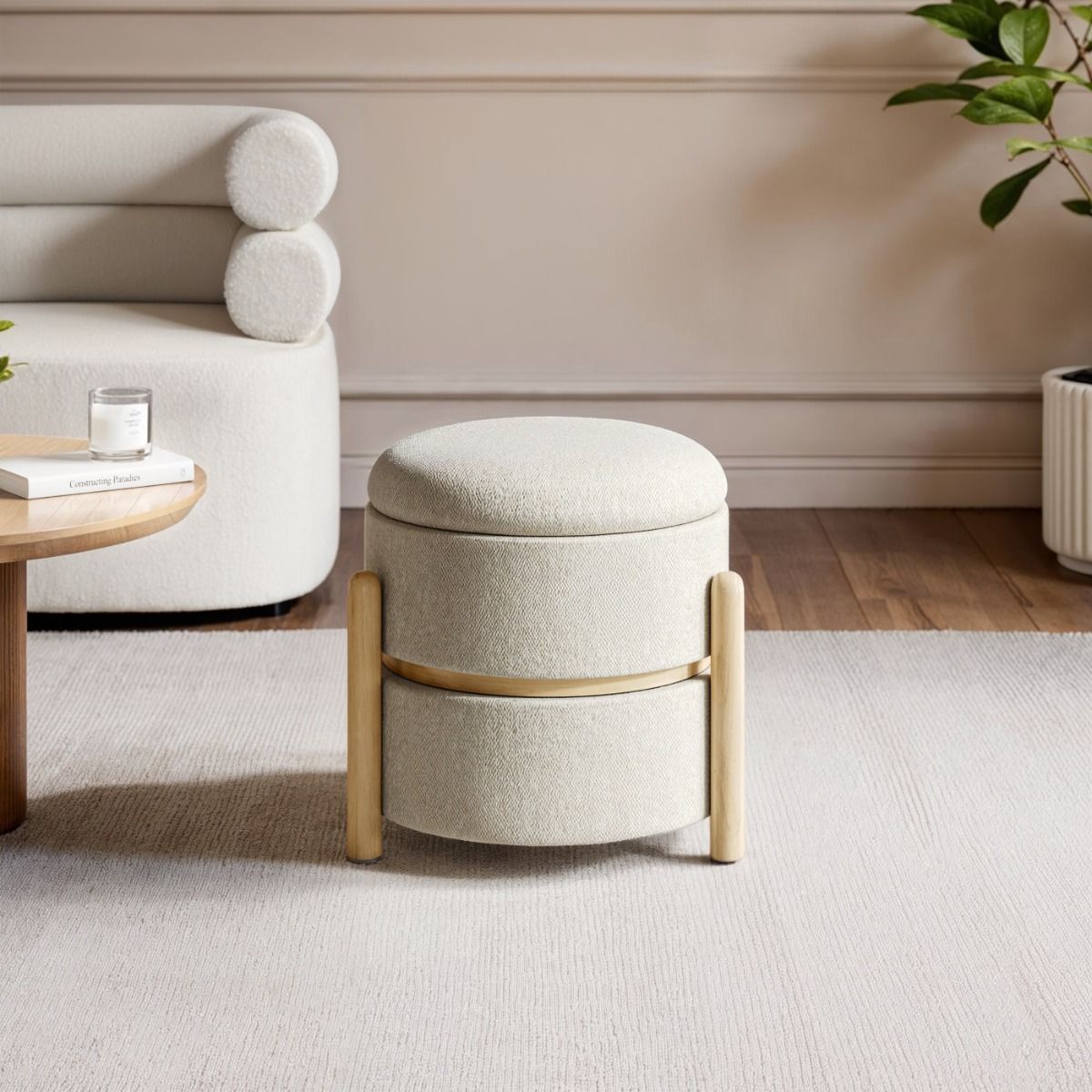 SOLACE+CO Ada Storage Round Pouffe Beige Boucle