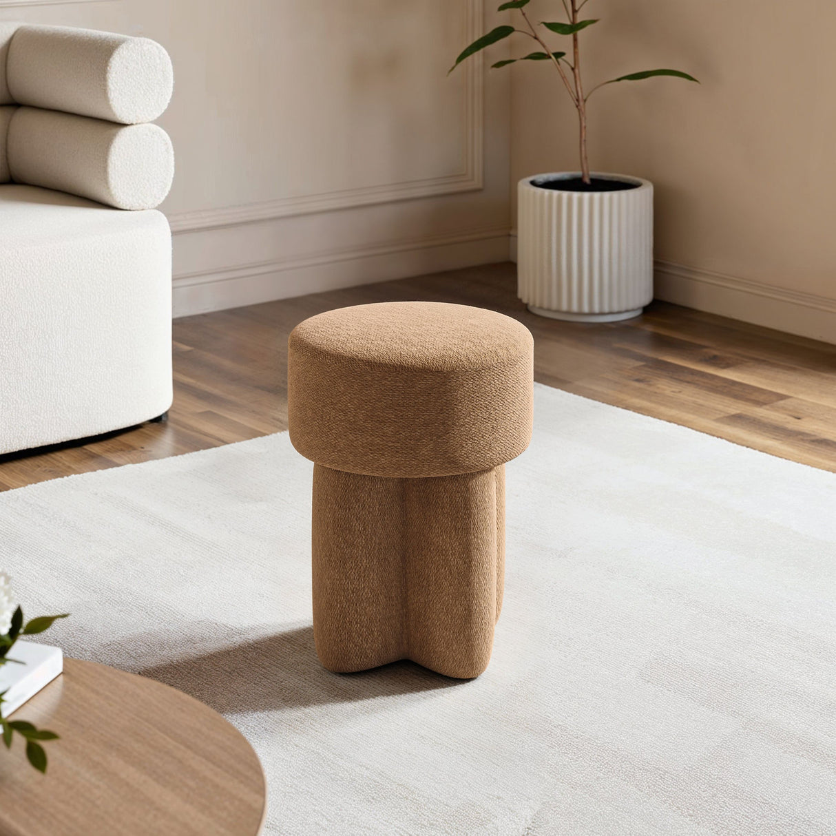 SOLACE+CO Astrid Wave Chenille Round Pouffe Light Brown
