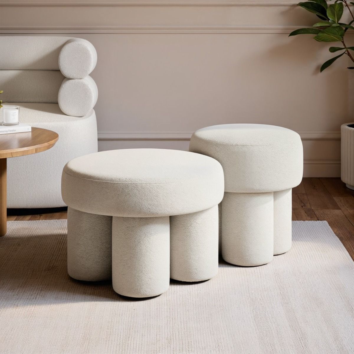 SOLACE+CO Ferro Round Pouffe Set Beige Sherpa Fleece