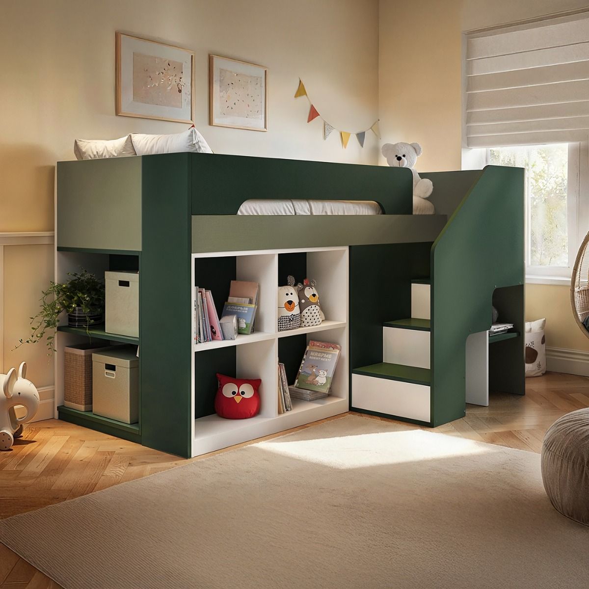 Flair Quinn Staircase Mid Sleeper Bed with Storage Green