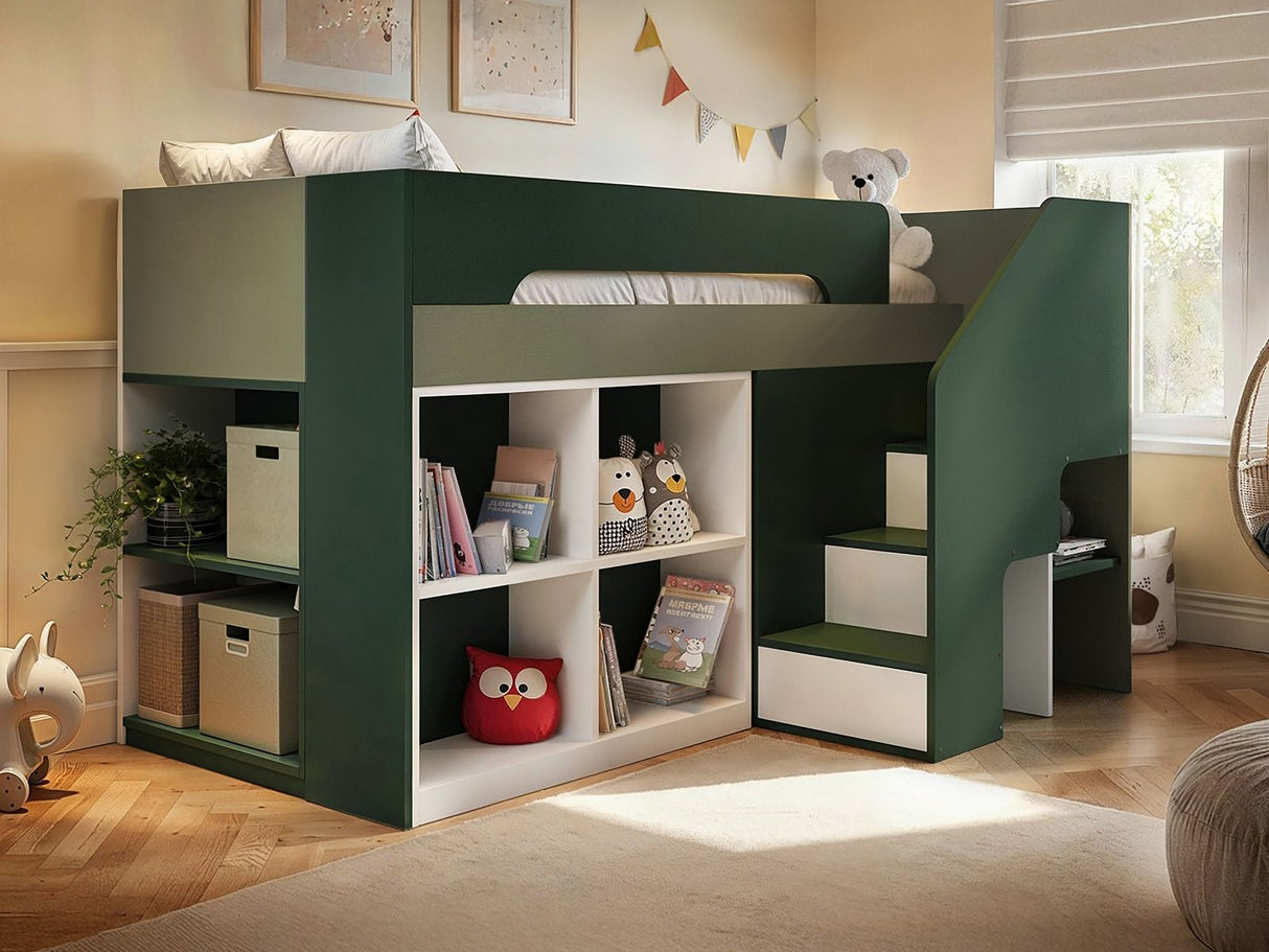 Flair Quinn Staircase Mid Sleeper Bed with Storage Green
