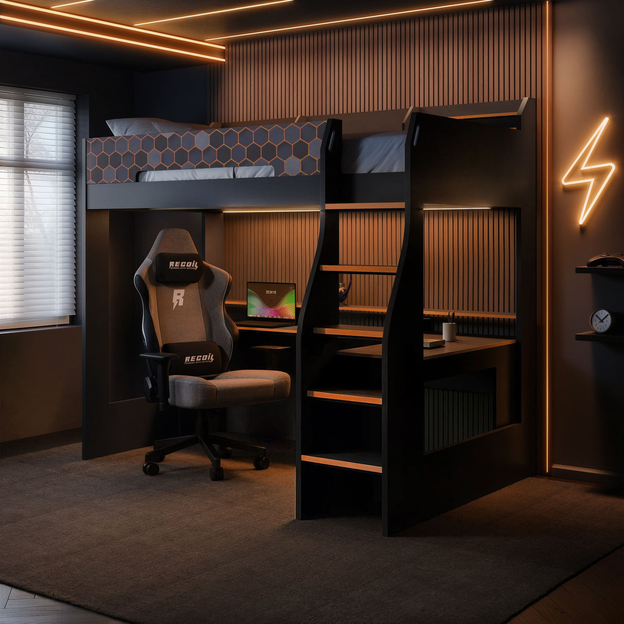 Recoil Ultimate Lumi Gaming High Sleeper with Desk Charcoal & Orange Single