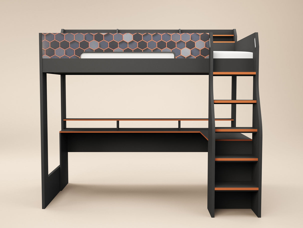 Recoil Ultimate Lumi Gaming High Sleeper with Desk Charcoal & Orange Small Double