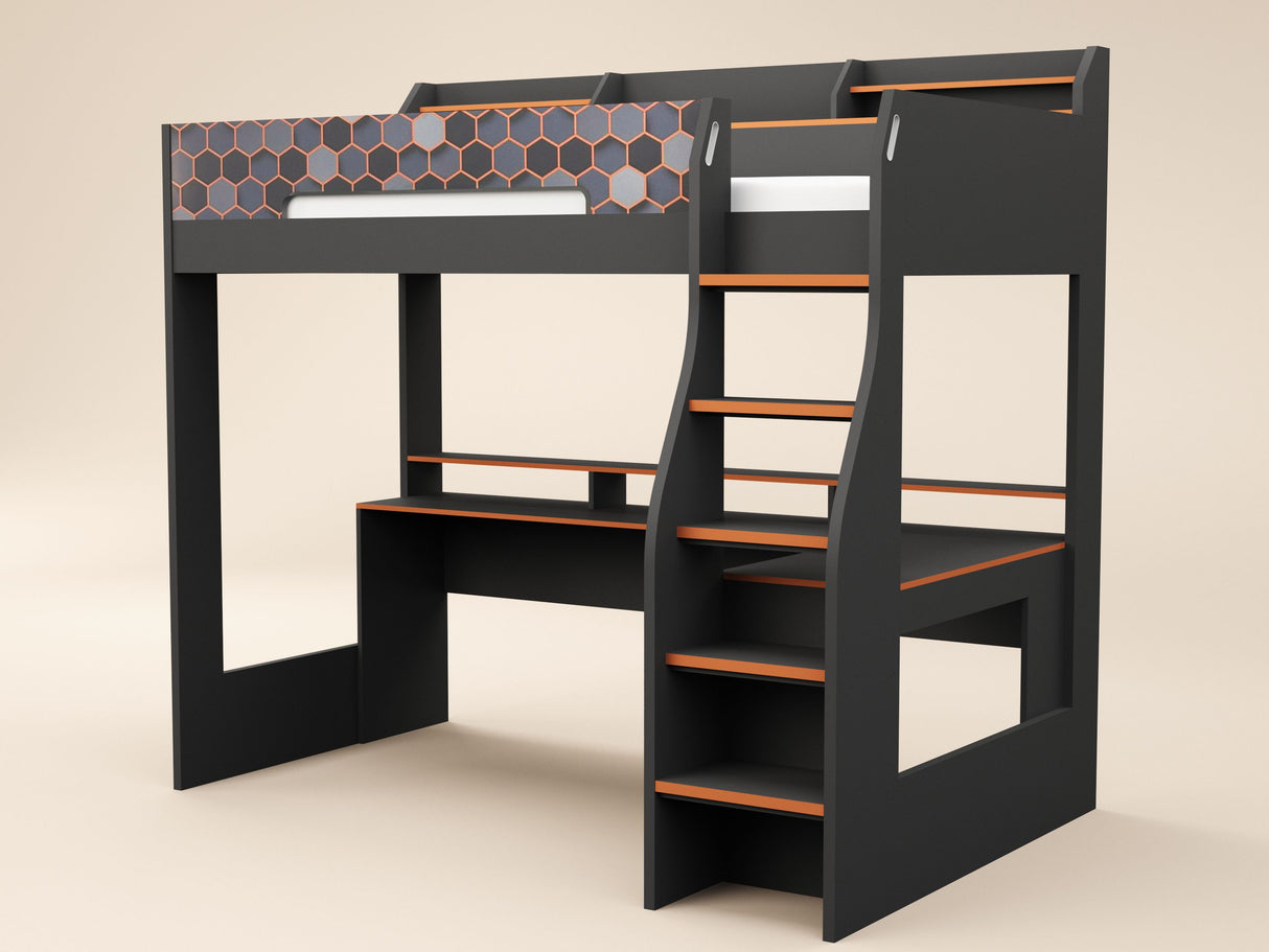 Recoil Ultimate Lumi Gaming High Sleeper with Desk Charcoal & Orange Single