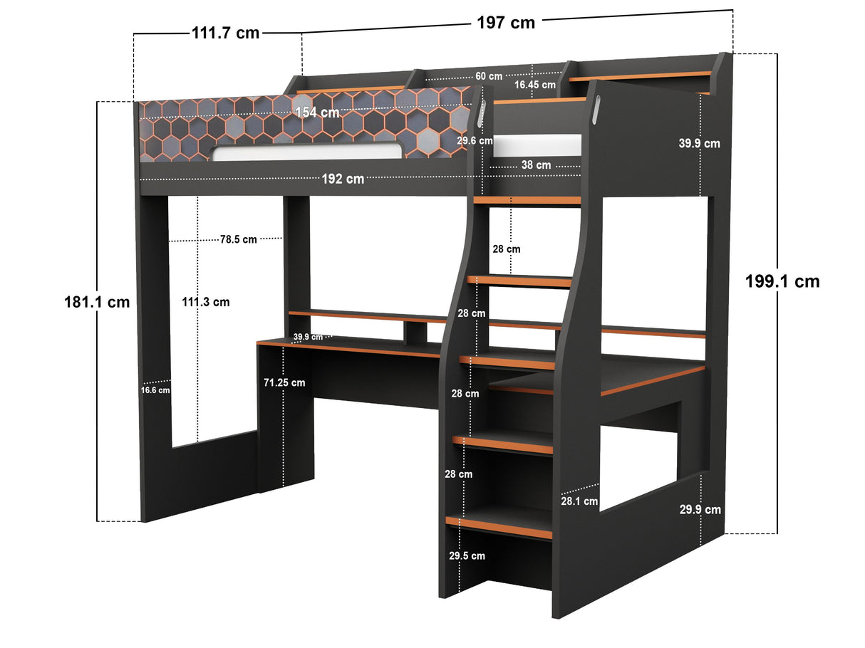 Recoil Ultimate Lumi Gaming High Sleeper with Desk Charcoal & Orange Single