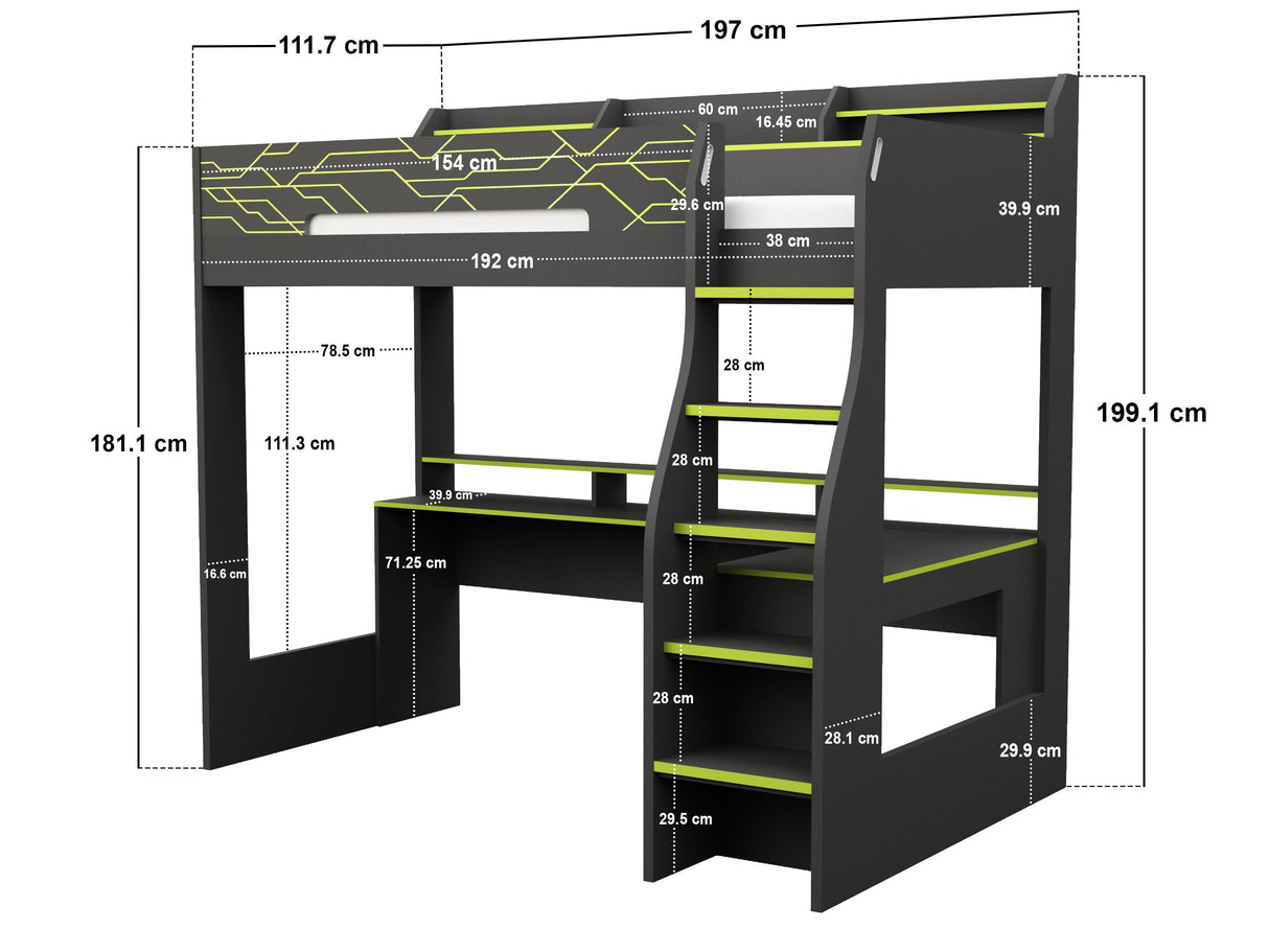 Recoil Ultimate Vivid Gaming High Sleeper with Desk Charcoal & Green Small Double