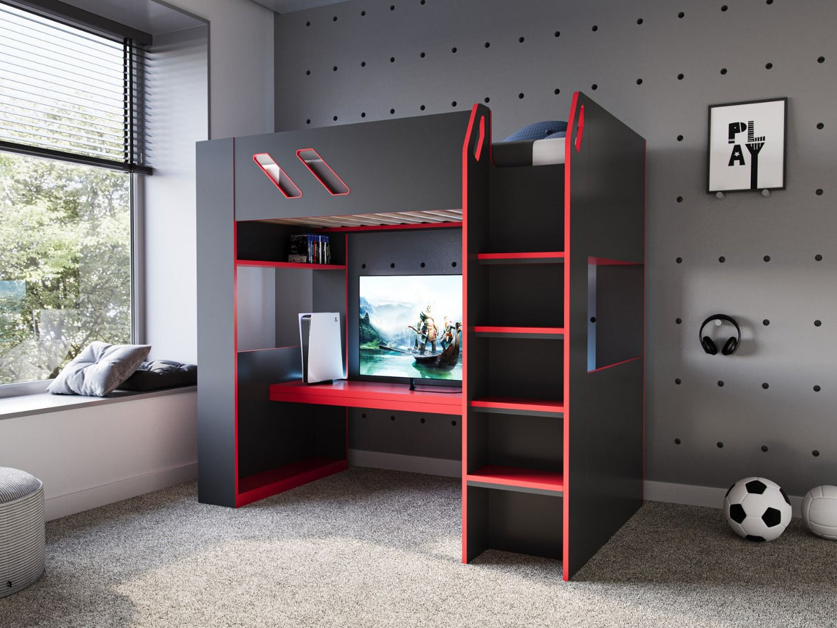 Recoil Orbit Gaming High Sleeper with Adjustable Height Desk Black & Red