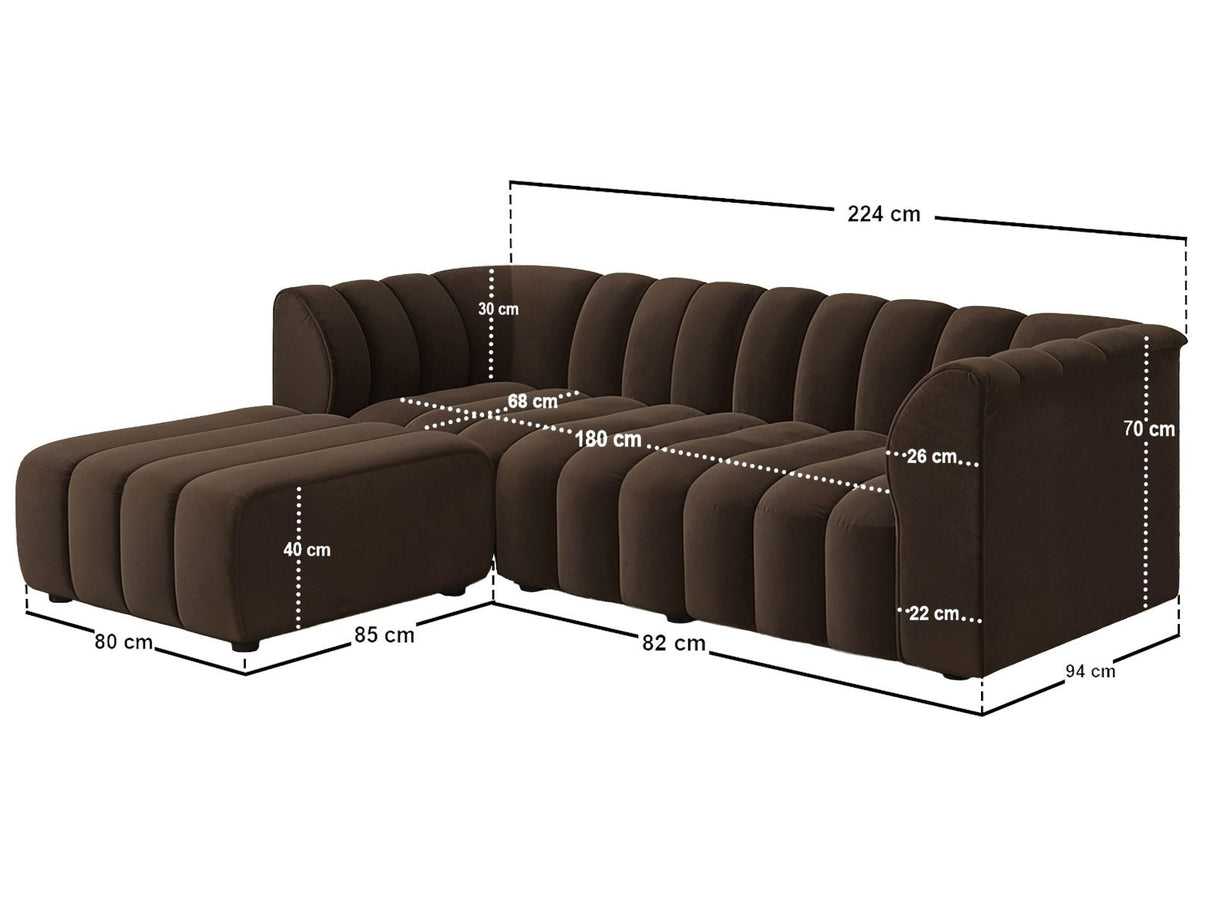 SOLACE+CO Halle Channel Tufted 3 Seater Sofa with Footstool Velvet Brown