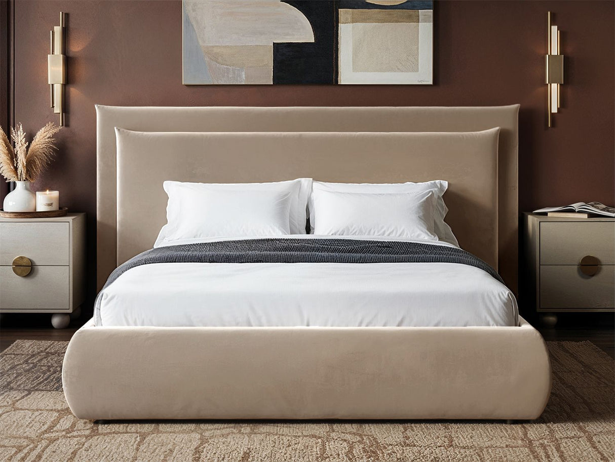 SOLACE+CO Sigrid Sand Velvet Cushion Headboard Ottoman Bed Double
