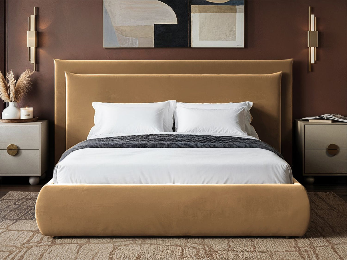 SOLACE+CO Sigrid Sand Velvet Cushion Headboard Ottoman Bed Double