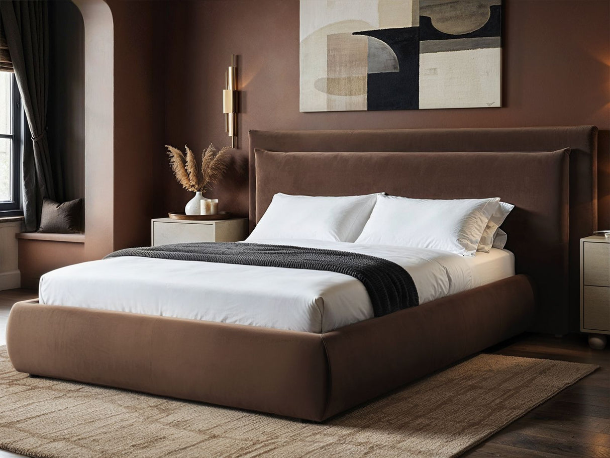 SOLACE+CO Sigrid Chocolate Velvet Cushion Headboard Ottoman Bed Double