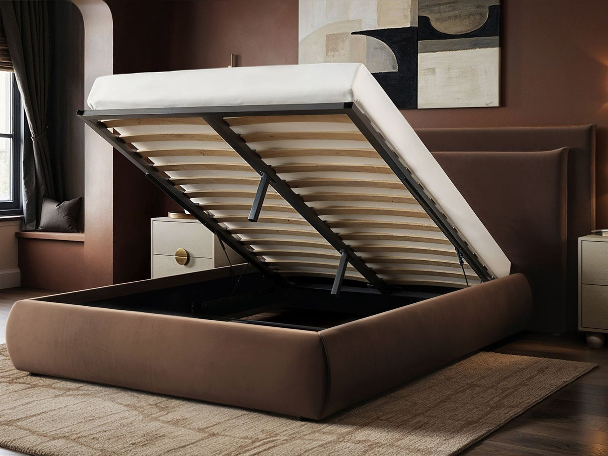 SOLACE+CO Sigrid Chocolate Velvet Cushion Headboard Ottoman Bed Double