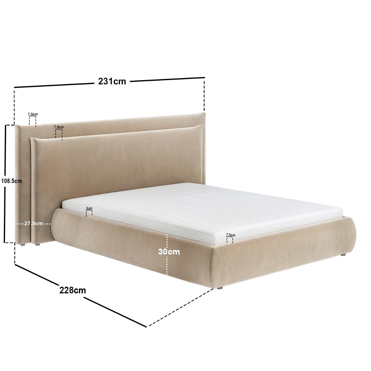 SOLACE+CO Sigrid Sand Velvet Cushion Headboard Ottoman Bed Kingsize