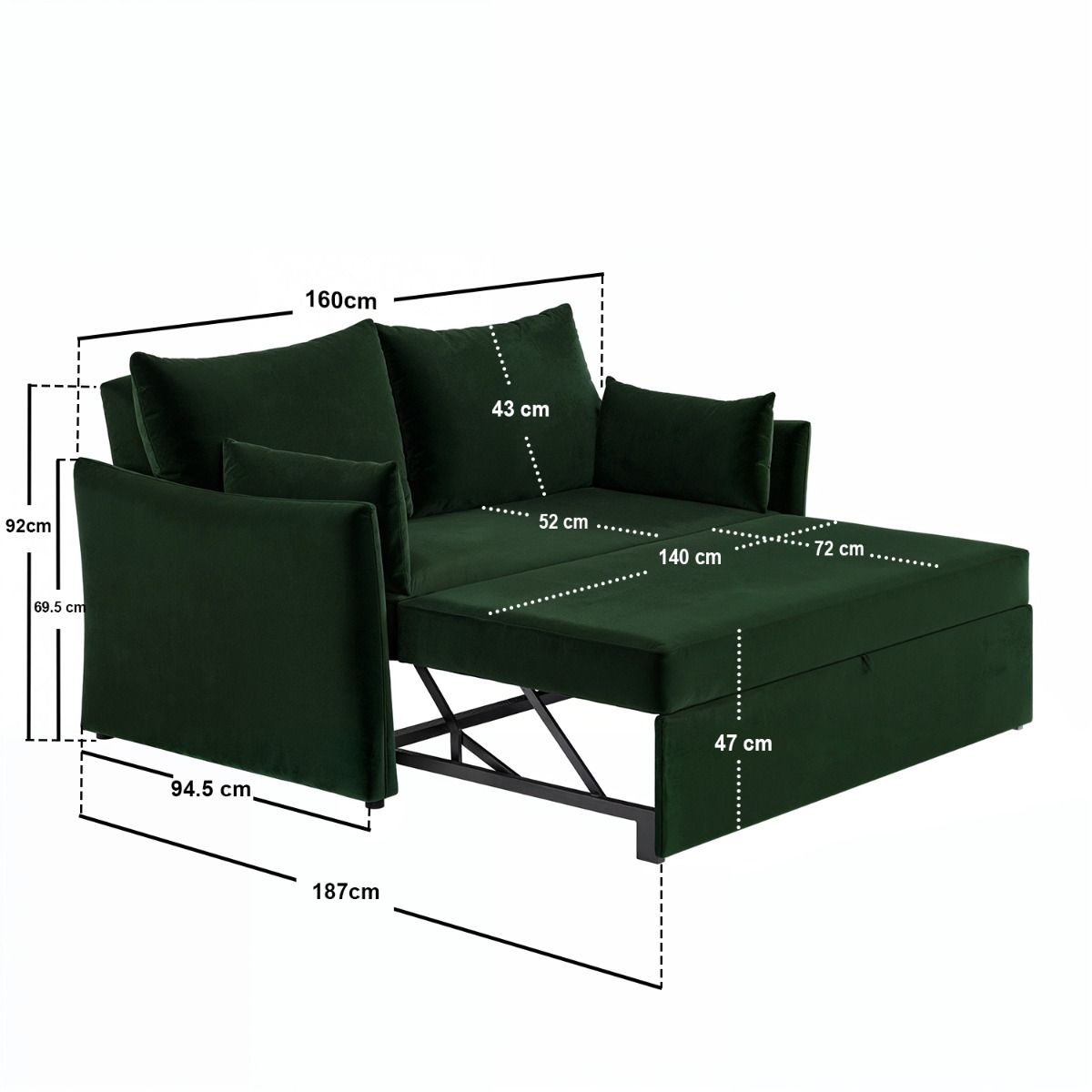 SOLACE+CO Skyler 2 Seater Sofa Bed Bottle Green Velvet