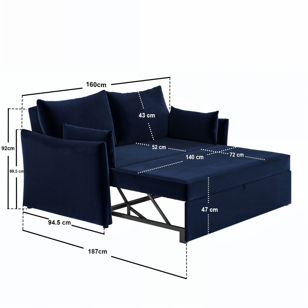 SOLACE+CO Skyler 2 Seater Sofa Bed Navy Velvet