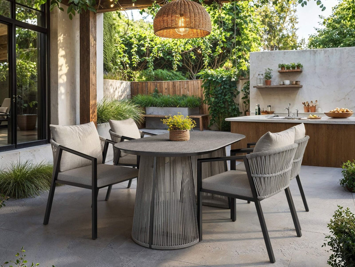 SOLACE+CO Hana Oval Garden Dining Table Grey with Lynden Chairs Set of 4 Dark Brown