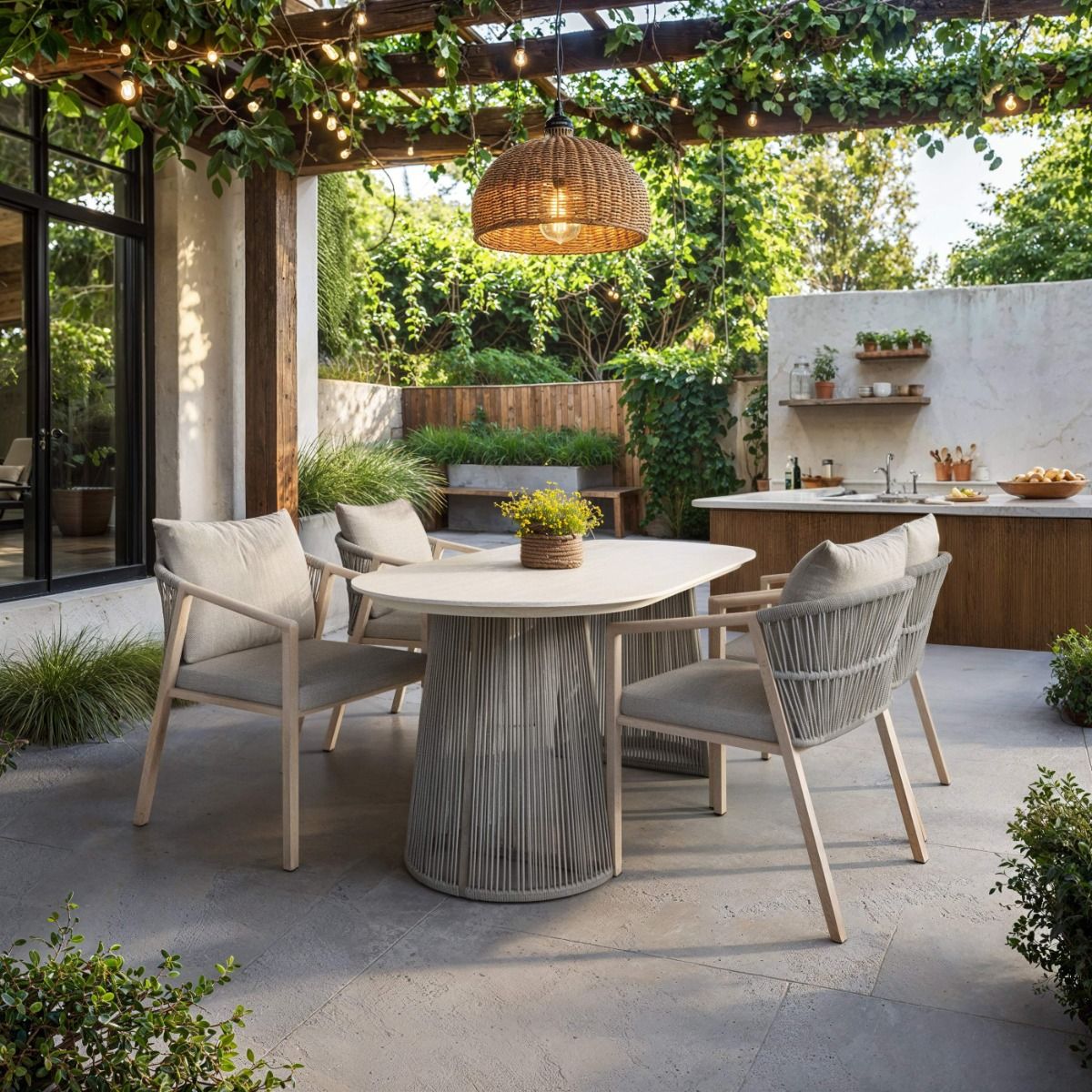 SOLACE+CO Hana Oval Garden Dining Table Beige with Lynden Chairs Set of 4 Beige Rattan