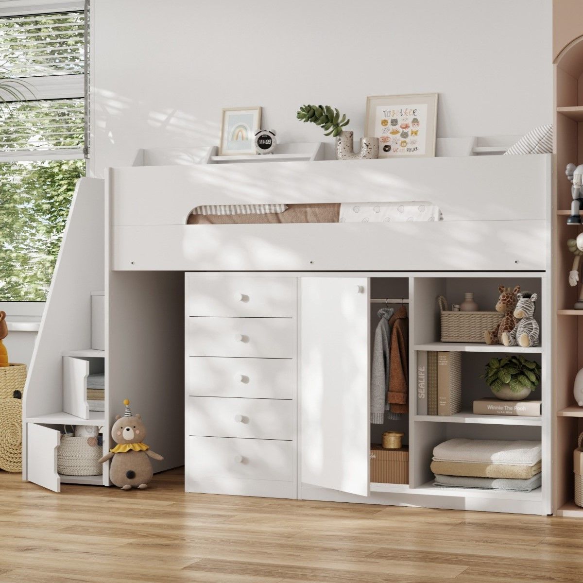 Flair Stepaside Staircase High Sleeper Storage Station White