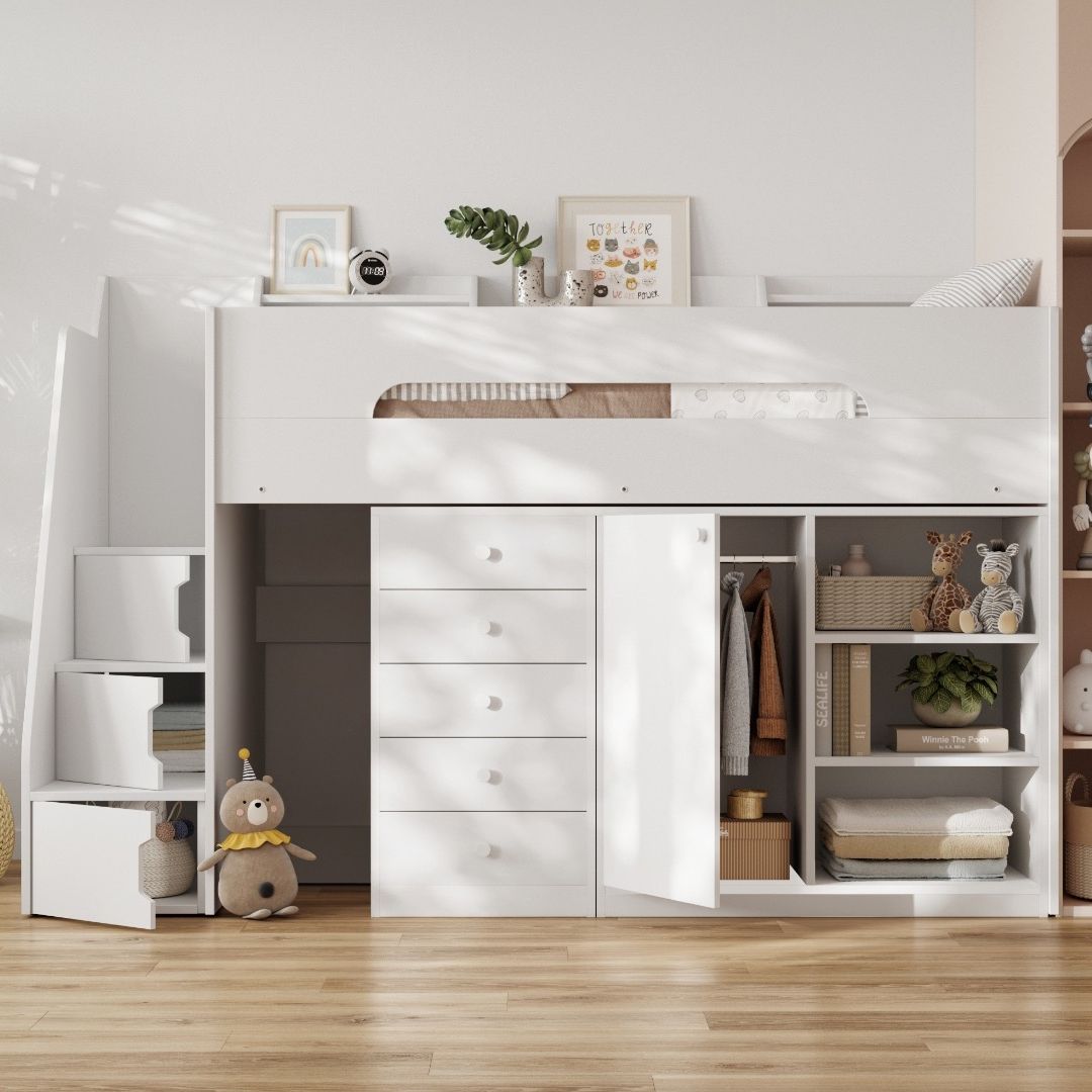 Flair Stepaside Staircase High Sleeper Storage Station White
