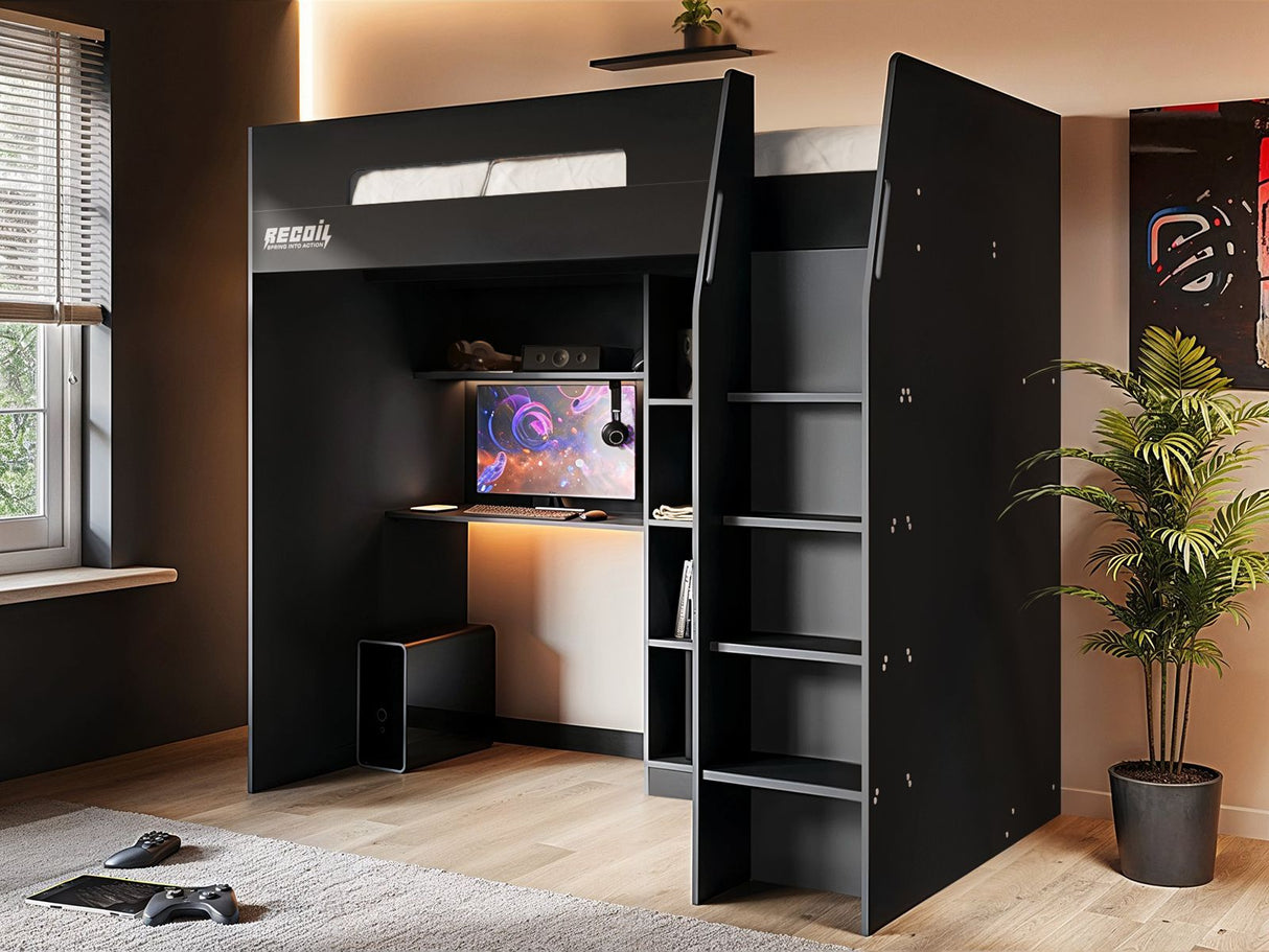 Recoil Summit Gaming High Sleeper with Wardrobe Black & Grey