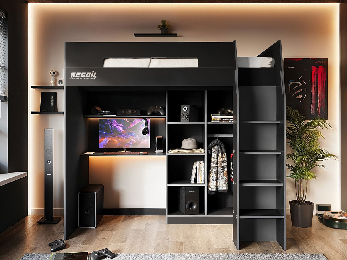 Recoil Summit Gaming High Sleeper with Wardrobe Black & Grey