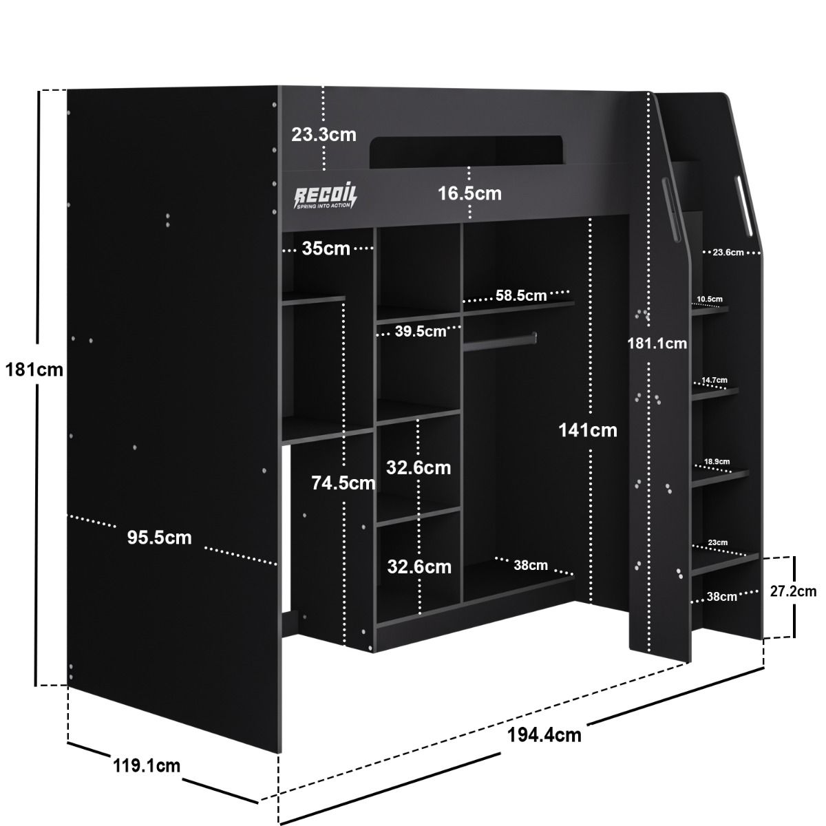 Recoil Summit Gaming High Sleeper with Wardrobe Black & Grey