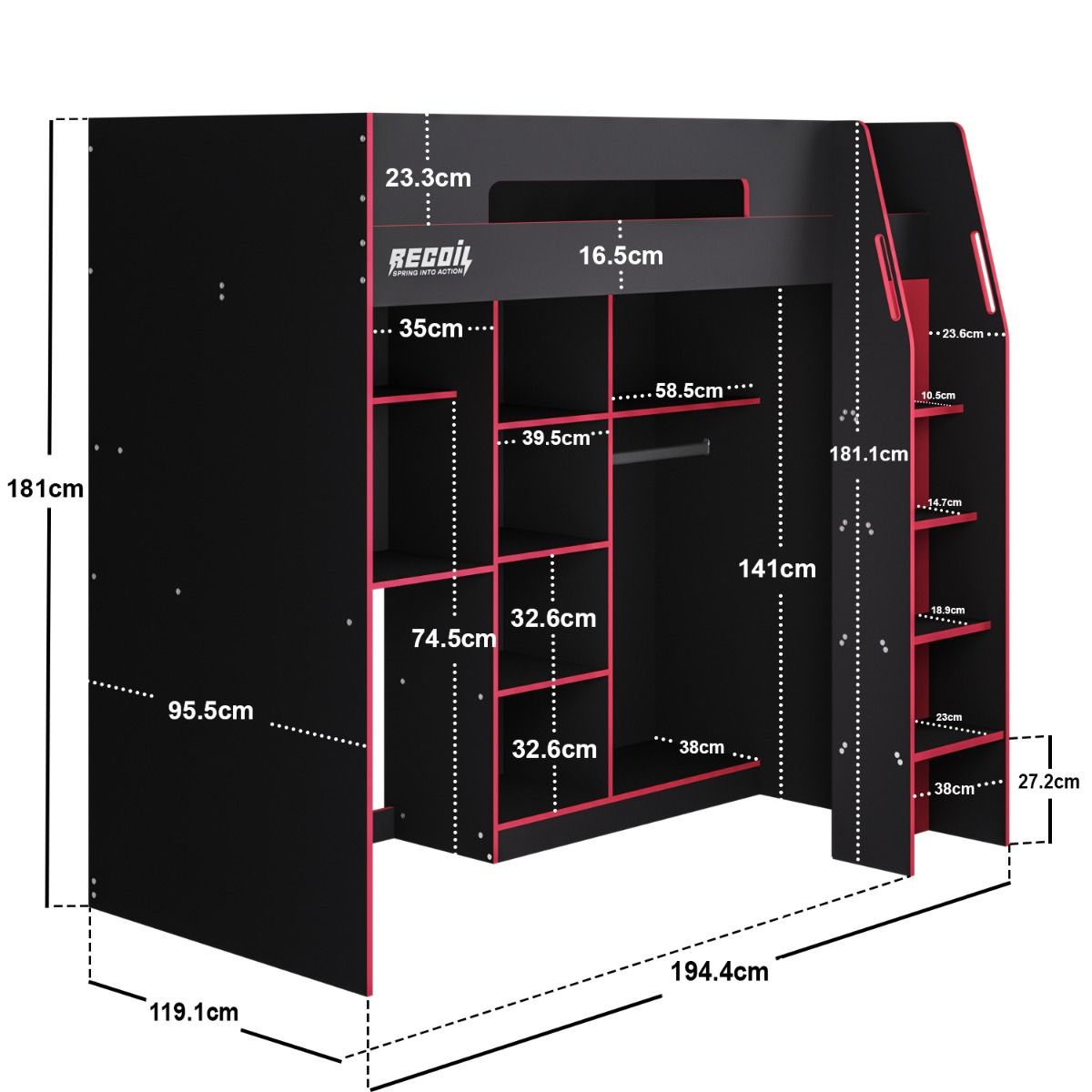 Recoil Summit Gaming High Sleeper with Wardrobe Black & Red