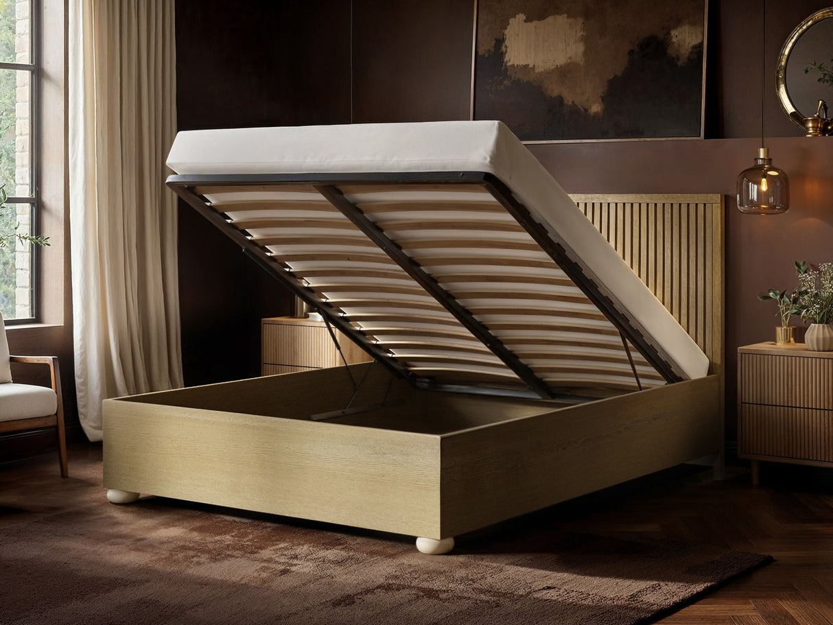 SOLACE+CO Theo Ribbed Ottoman Bed Light Wood-Kingsize